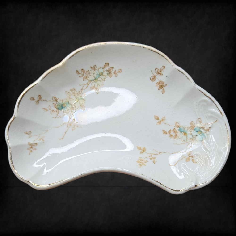 Antique Blue Floral Bone Porcelain Royal Hand Painted Trinket Dish